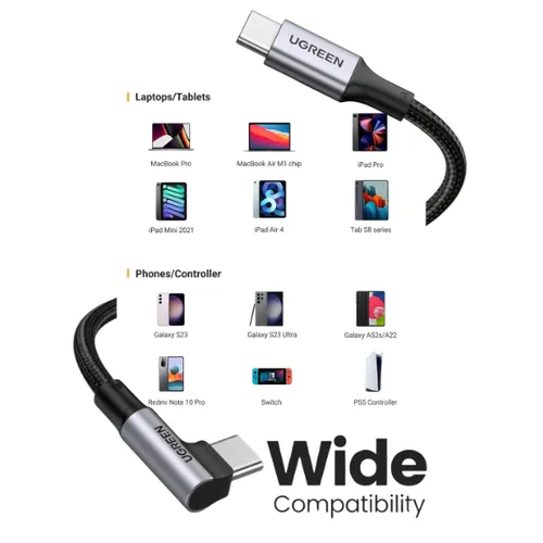 Ugreen 70643 100W USB-C to USB-C PD 90° Cable 1M