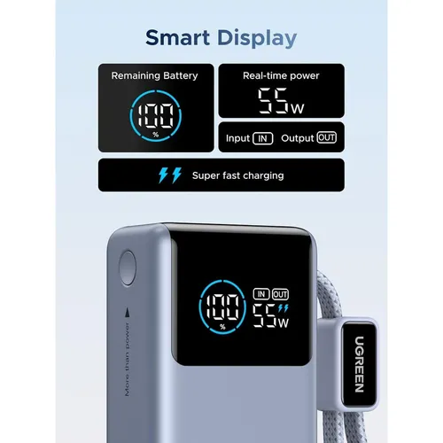 UGREEN 75701B Nexode Pro 55W 10000mAh Smart Digital Display Power Bank with Built-in Type-C Cable