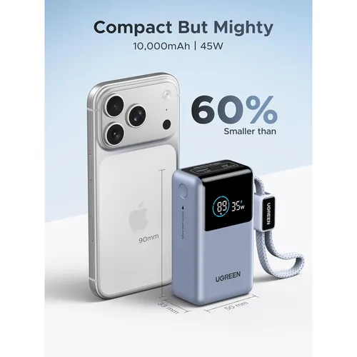 UGREEN 75701B Nexode Pro 55W 10000mAh Smart Digital Display Power Bank with Built-in Type-C Cable