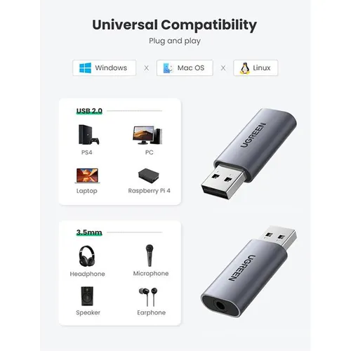 UGREEN 80864 2 in 1 USB External Sound Card Audio Adapter