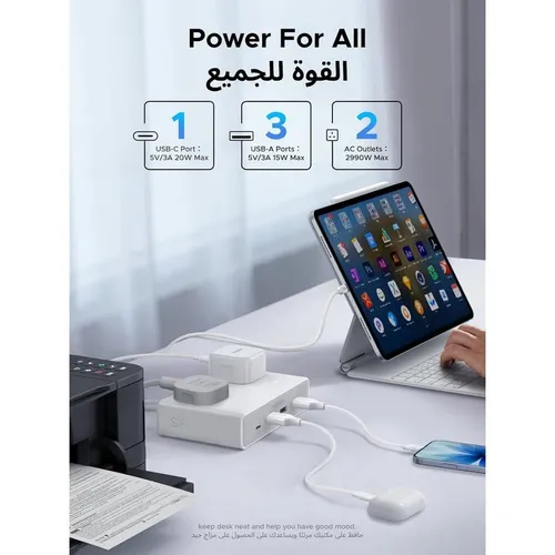 UGREEN 85170 Nexode PD 20W AC 2990W 2-Outlet Power Strip for Laptops, Tablets, Phones