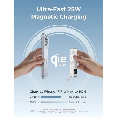 UGREEN 95027B MagFlow Qi2 25W 10000mAh Two-Way Fast Charging Magnetic Power Bank With Built-in USB-C Cable