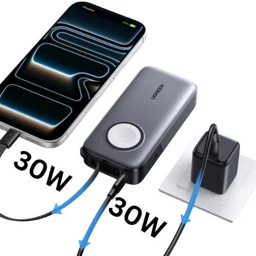 UGREEN PB527 55434B 10000mAh Power Bank with 30W Fast Charging and Magnetic Apple Watch Charger