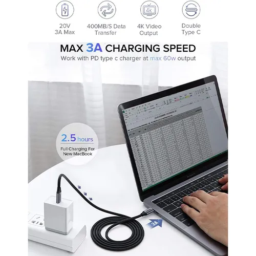 Ugreen USB 3.1 Type C Male to Type C Male Cable Nickel Plating Aluminum Shell 1.5m (Gray) - 50751