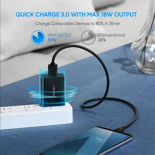 Ugreen USB-A 18W Fast Charging Power Adapter with QC3.0 UK (Black) - 70165