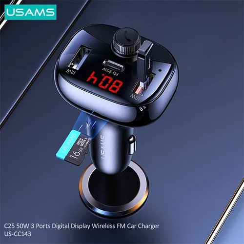 USAMS 50W 3 Ports Digital Display Wireless FM Modulator Transmitter Bluetooth 5.0 FM USB Fast Car Charger