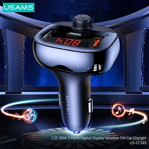 USAMS 50W 3 Ports Digital Display Wireless FM Modulator Transmitter Bluetooth 5.0 FM USB Fast Car Charger