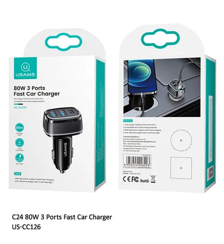 USAMS 80W 3 Ports Fast Car Charger
