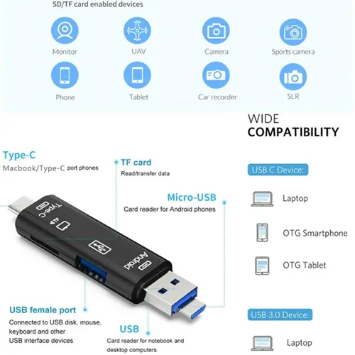 USB 3.0 3-in-1 High-Speed Universal Connectivity with Type C & Micro-USB Ports and TF Support Card Reader