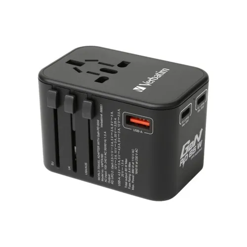 Verbatim 65W 3 Port PD 3.0 & QC 3.0 GaN Universal Travel Adaptor