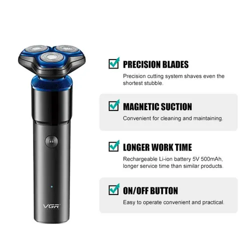 VGR V-325 Professional Mens Shaver with Triple Rotary Heads Magnetic Suction Rechargeable USB Charging Cordless Electric Razor for Smooth Shave