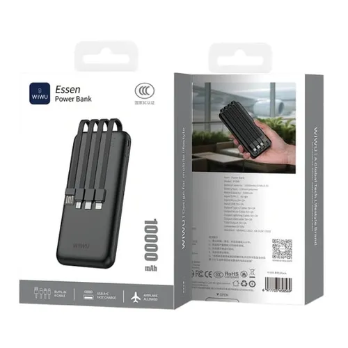 WiWU P-08B Essen 10000mAh Power Bank with 4 Built-in Cables – Black / White