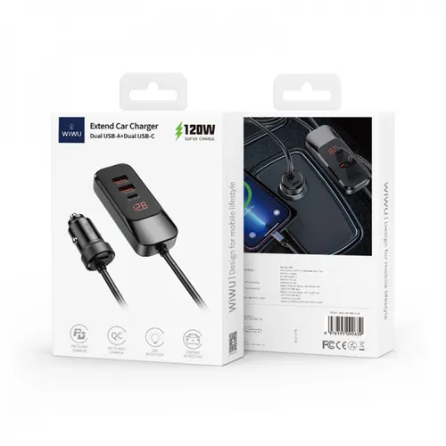 WiWU QC015 Extend 120W USB +Type-C Dual Ports Wired Car Charger