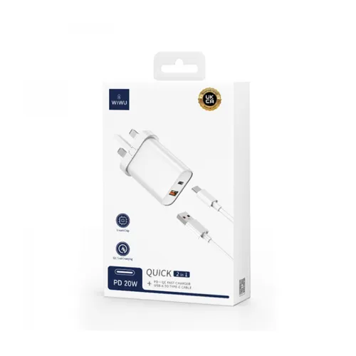 Wiwu Quick PD+QC Fast Charger With USB To Type-C Cable - White WI-U002