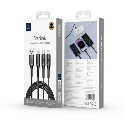 WiWU Starlink Wi-C046E 3in1 USB to USB-C, Micro USB, Lightning 3.1A 1.2m Cable