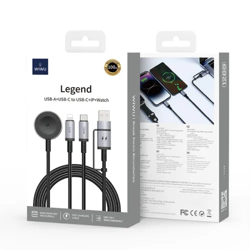 Wiwu Wi-C050 Legend Series 3in1 USB-A and Type-C to Lightning, Type-C Smart Watch Charging Cable 100W 1.2M