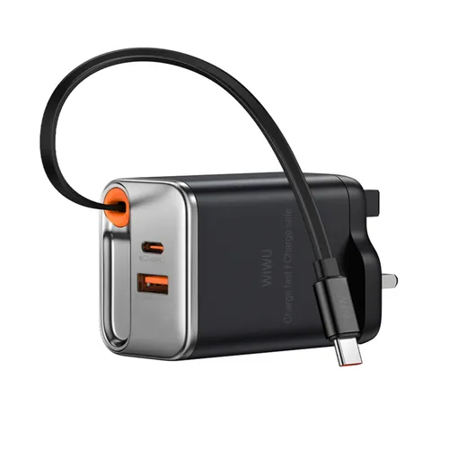 Wiwu WI-G020 Helix PD 67w Gan Fast Charger With Built In Retractable Cable 70cm Black UK