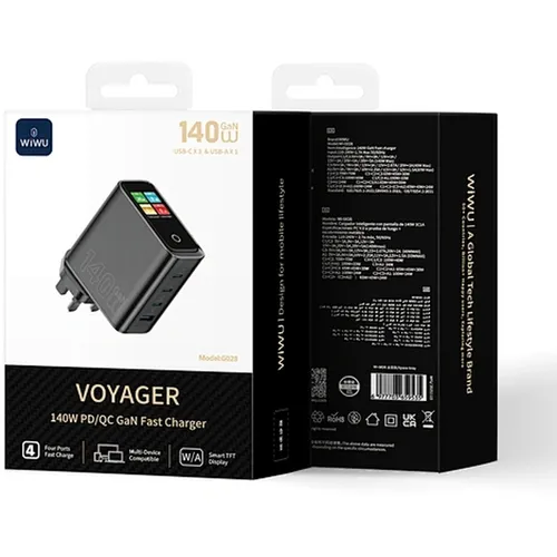 WiWU WI-G028 VOYAGER 140W GaN Fast Charger Smart Display, 4 Ports Charger