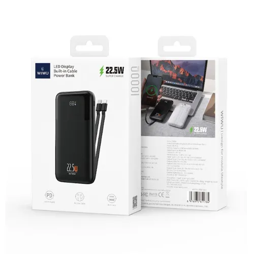Wiwu WI-P021 22.5W 10000mAH LED Display Built In Cable Power Bank Black