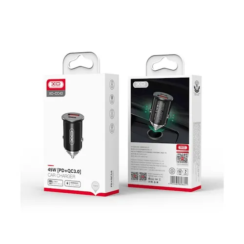 XO car charger CC43 PD QC 3.0 45W 1 USB 1 USB-C black