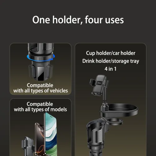 Yesido C274 4-in-1 Multifunctional Car Cup Holder &amp; Tray Stand with 360° Rotation, Phone Mount &amp; Storage Organizer
