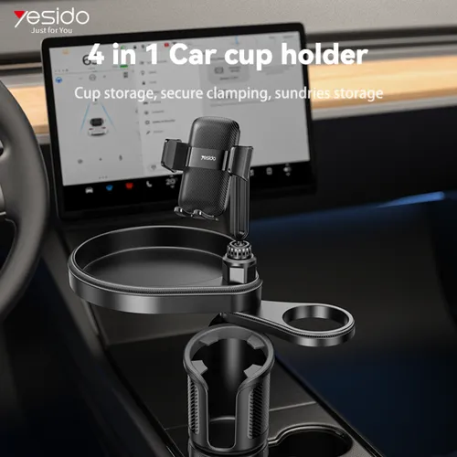 Yesido C274 4-in-1 Multifunctional Car Cup Holder & Tray Stand with 360° Rotation, Phone Mount & Storage Organizer