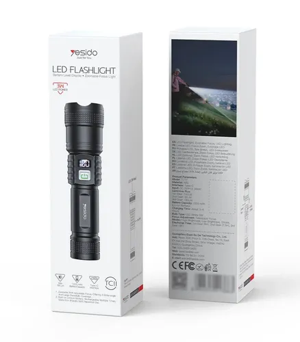 YESIDO TC11 Telescopic Zoomable Flashlight LED White Laser 3 Modes Rechargeable Torch with Digital Display