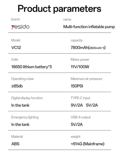 YESIDO VC12 Electric Power Air Pump