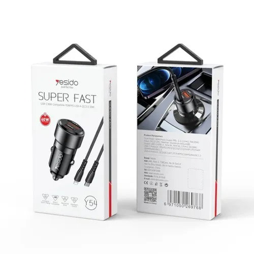 YESIDO Y54 With 8 Pin To Type-C/USB-C Line Car Charger QC3.0+PD30W Type-C/USB-C+USB Dual Port Quick Charger