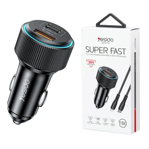 Yesido Y60 38w Super Fast Car Charger With Type-C to Lightning Cable
