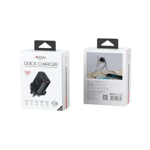 YESIDO YC88 30W PD Three-Port UK Charger with Digital Display